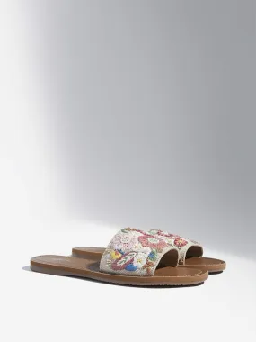 LUNA BLU Blush Pink Floral Design Raffia Slides