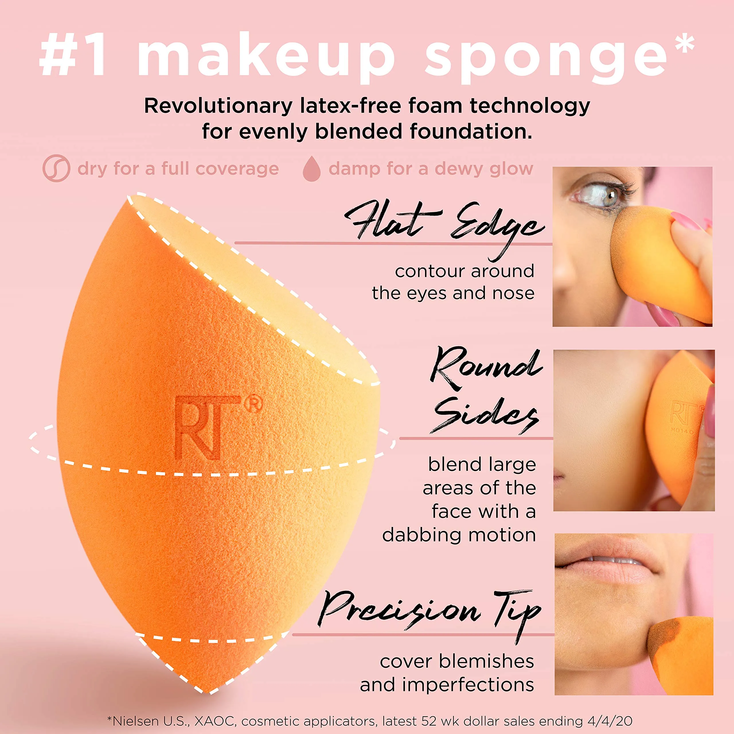 Real Techniques Beauty Makeup Blender Miracle Complexion and Makeup Power Sponge Set, For CC Cream Foundation, Orange & Pink, For Makeup Blending & Application, 2 Count