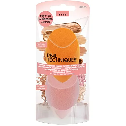 Real Techniques Beauty Makeup Blender Miracle Complexion and Makeup Power Sponge Set, For CC Cream Foundation, Orange & Pink, For Makeup Blending & Application, 2 Count